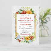 赤、黄、青の花の金ゴールド結婚 招待状 (スタンド正面)