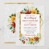赤、黄、青の花の金ゴールド結婚 招待状 (正面/裏面)