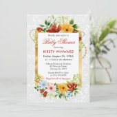 赤、黄、青の花金ゴールド赤ちゃんシャワー 招待状 (スタンド正面)