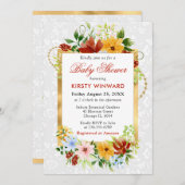 赤、黄、青の花金ゴールド赤ちゃんシャワー 招待状 (正面/裏面)