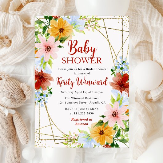 赤 黄 青 花 フレーム ベビーシャワー 招待状