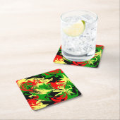 赤、黄、黒、緑の渦巻き スクエアペーパーコースター (インサイチュ)