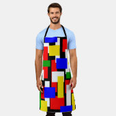赤、黄、黒、青、緑のブロック エプロン (着用した状態)