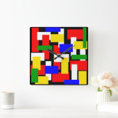 赤、黄、黒、青、緑のブロック スクエア壁時計 (ホーム)