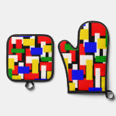 赤、黄、黒、青、緑のブロック 鍋つかみ&鍋敷きセット (正面)