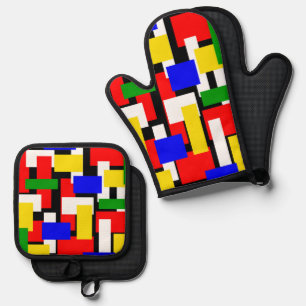 赤、黄、黒、青、緑のブロック 鍋つかみ&鍋敷きセット