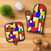 赤、黄、黒、青、緑のブロック 鍋つかみ&鍋敷きセット (トップダウン)