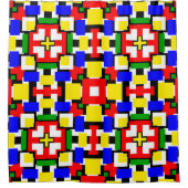 赤、黄、黒、青、緑の幾何学模様 シャワーカーテン (正面)