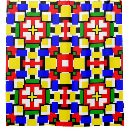 赤、黄、黒、青、緑の幾何学模様 シャワーカーテン (正面)