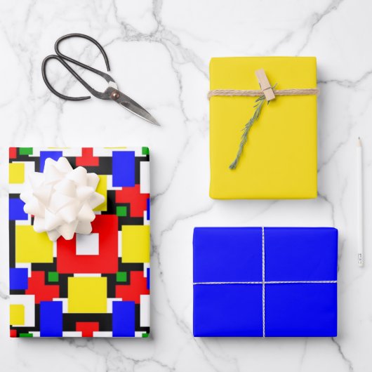 赤、黄、黒、青、緑の幾何学模様 ラッピングペーパーシート (正面)