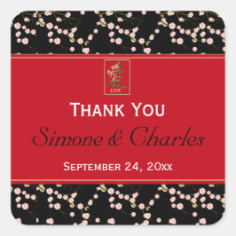 赤、黒いさくらんぼ花の結婚式の引き出物シール スクエアシール