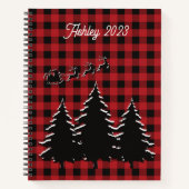 赤 – 黒いバッファローのプレイドの木とサンタ ノートブック (正面)