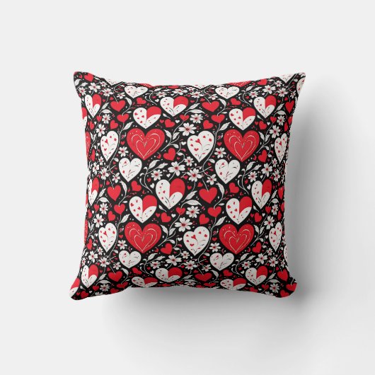 赤、黒と白のハートと花ロマンチック クッション (裏面)