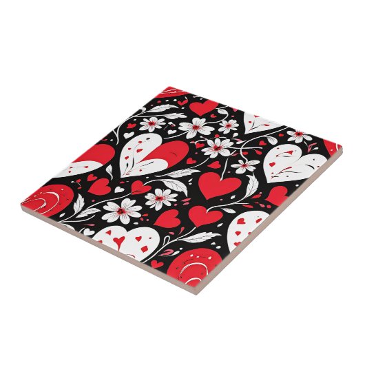赤、黒と白のハートと花ロマンチック タイル (側面)