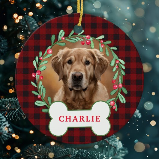 赤&黒の格子模様のドッグフォトクリスマスリース セラミックオーナメント