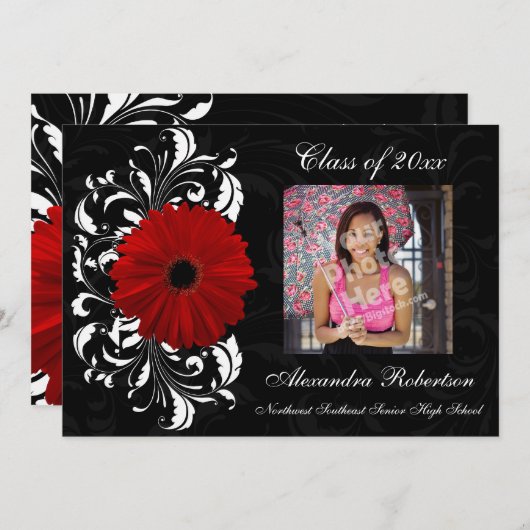 赤/黒スクロールガーベラデイジー卒業 招待状 (正面/裏面)