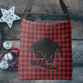 赤/黒バッファロープレイドトナカイのシルエットフォレスト クロスボディバッグ