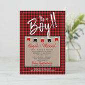 赤+黒男の赤ちゃんプレイドランバージャックベビーシャワー 招待状 (スタンド正面)