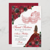 赤 黒 ゴールド グリッター スイート 16 マスカレード 招待状 (正面/裏面)