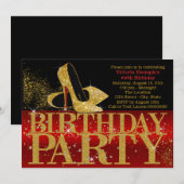 赤 黒 ゴールド グリッター ハイ ヒール バースデー パーティー 招待状 (正面/裏面)