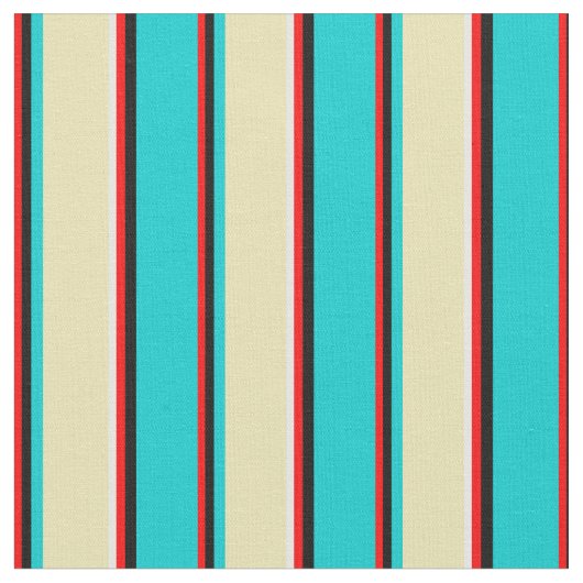 赤、黒、濃いターコイズ、黄褐色と白のパターン ファブリック (クローズアップ)