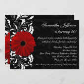 赤・黒・白のゲルベラデイジー40歳 招待状 (正面/裏面)