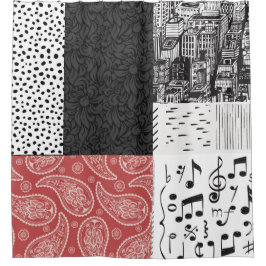 赤・黒・白のコラージュ シャワーカーテン