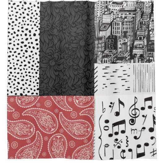 赤・黒・白のコラージュ シャワーカーテン (正面)