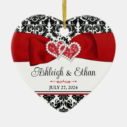 赤、黒、白のダマスクの愛のハート結婚ズ セラミックオーナメント (正面)