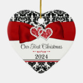 赤、黒、白のダマスクの愛のハート結婚ズ セラミックオーナメント (裏面)