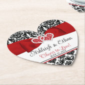 赤、黒、白のダマスクの愛のハート結婚ズ ペーパーコースター (アングル)