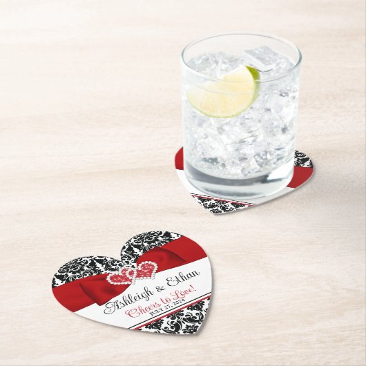 赤、黒、白のダマスクの愛のハート結婚ズ ペーパーコースター (インサイチュ)