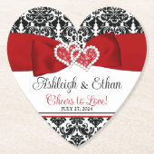 赤、黒、白のダマスクの愛のハート結婚ズ ペーパーコースター (正面)