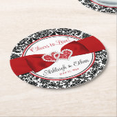 赤、黒、白のダマスクの愛のハート結婚ズ ラウンドペーパーコースター (アングル)