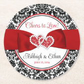 赤、黒、白のダマスクの愛のハート結婚ズ ラウンドペーパーコースター (正面)