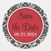 赤、黒、白のダマスクの結婚式 ラウンドシール (正面)