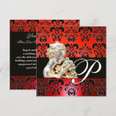 赤、黒、白のダマスク柄ジュエルモノグラム 招待状 (正面/裏面)