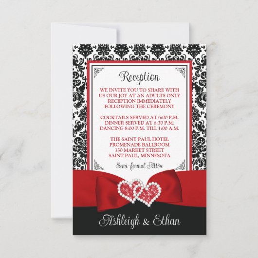 赤、黒、白のダマスク、愛のハートの囲い 出欠カード (正面)