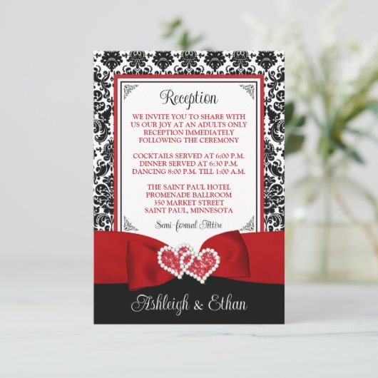 赤、黒、白のダマスク、愛のハートの囲い 出欠カード (スタンド正面)