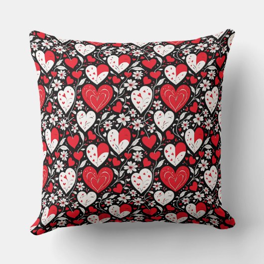 赤、黒、白のハートと花パーソナライズされた クッション (裏面)