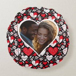 赤、黒、白のハートと花パーソナライズされた ラウンドクッション