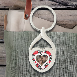 赤、黒、白のハートと花写真 キーホルダー