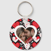 赤、黒、白のハートと花写真 キーホルダー (正面)