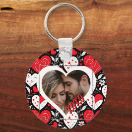 赤、黒、白のハートと花写真 キーホルダー