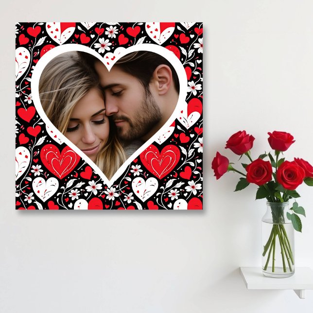 赤、黒、白のハートと花写真 メタルプリント (クリエイターアップロード済み)