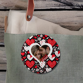 赤、黒、白のハートと花写真 缶バッジ