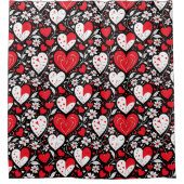 赤、黒、白のハートと花 シャワーカーテン (正面)