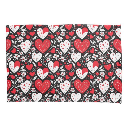 赤、黒、白のハートと花 枕カバー (正面左)