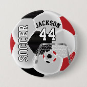 赤、黒、白のパーソナライズされたサッカーボール 缶バッジ (正面)