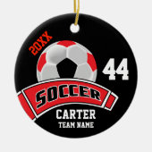 赤、黒、白のパーソナライズされたサッカー⚽ セラミックオーナメント (正面)